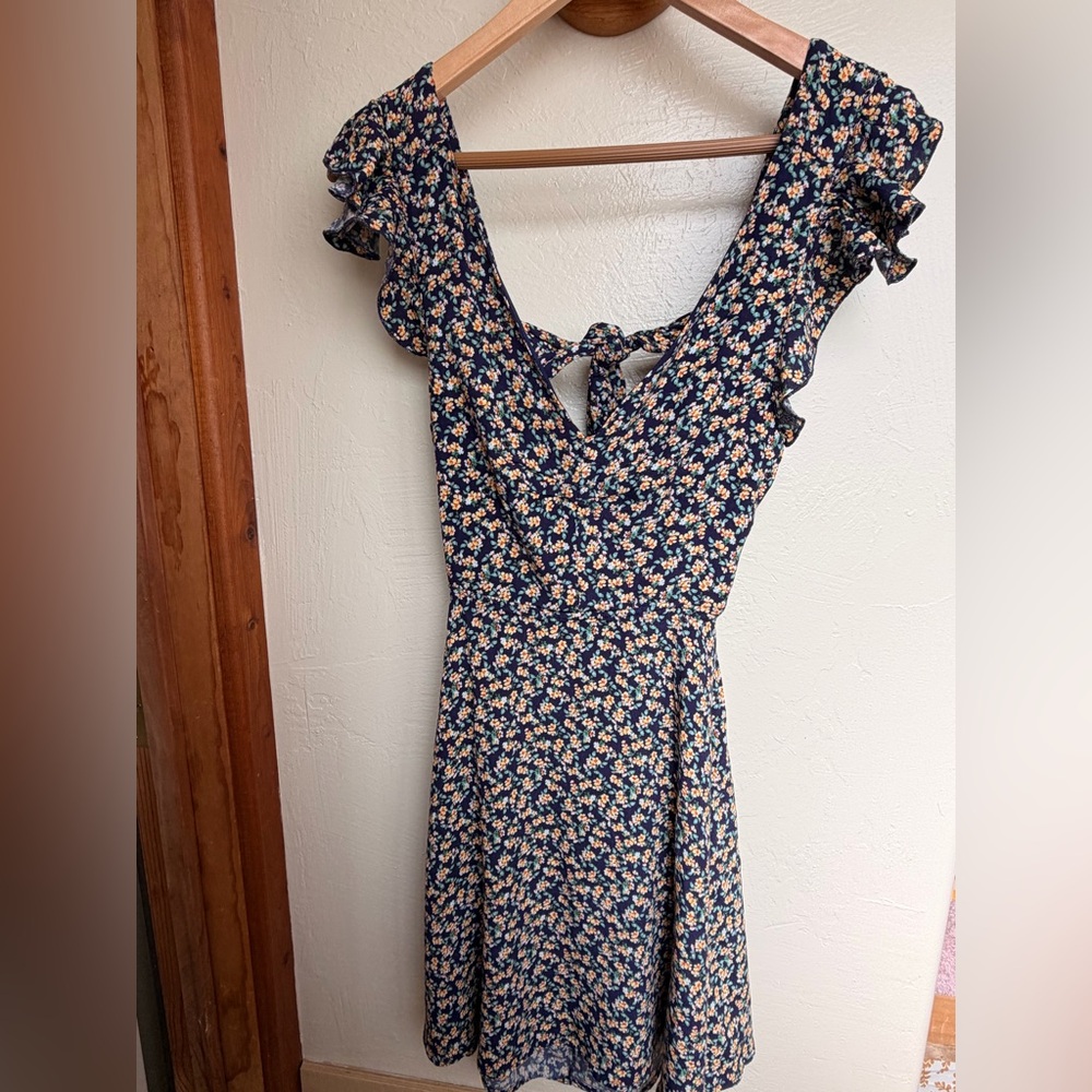 Alterd State Navy Floral Midi Dress with Ruffle Sleeves and Back Tie